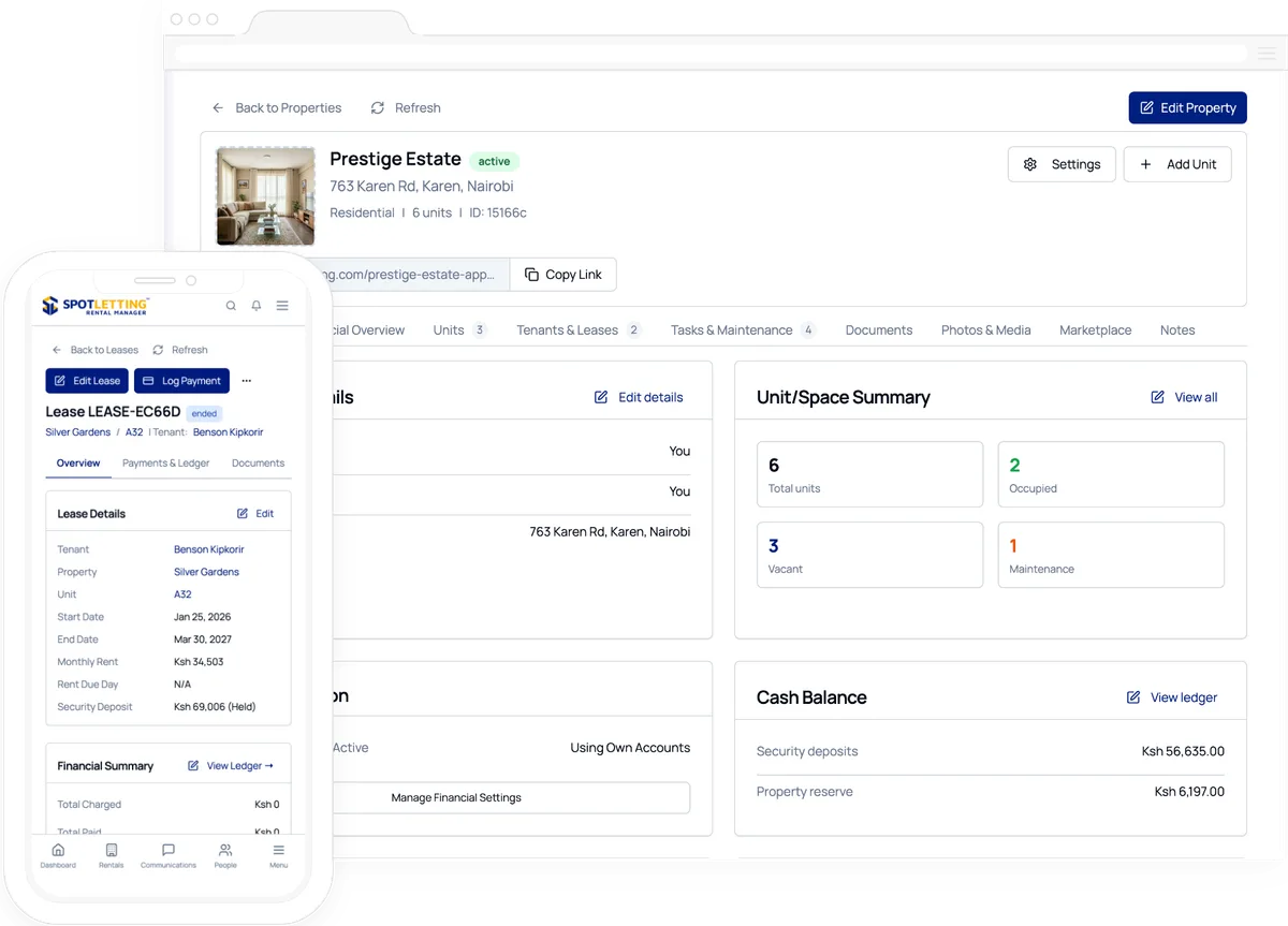 SpotLetting Property & Lease Management screens on desktop and mobile